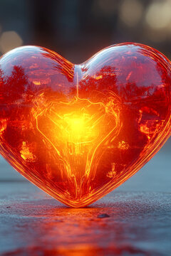 A heart-shaped object with a glowing fire inside, perfect for romantic or cozy scenes. vertical frame