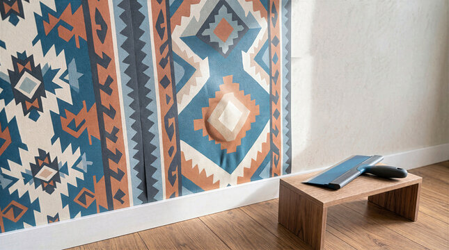 Air bubble trapped under geometric blue and terracotta wallpaper during installation. Smoothing blade tool resting on wooden stool on parquet floor, home renovation and wallpapering process