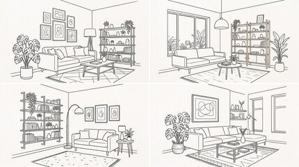 Fototapeta premium Minimalist monochrome living room line drawings with sofas, plants, lamps, shelves, and artwork, showcasing modern interior design layouts.