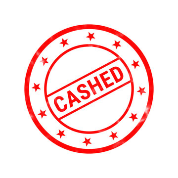 Red cashed rubber stamp on white background, circular grunge ink stamp with stars, financial transaction approval mark