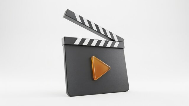 3d movie clapper board with an orange play icon standing on a soft grey studio surface