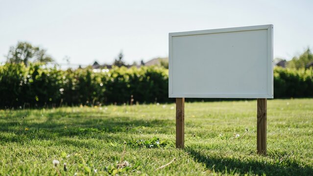 Blank white yard sign mounted on wooden posts in a green grass field real estate mockup
