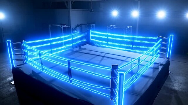 Empty boxing ring stands under bright spotlights as electric blue energy gradually ignites along ropes and corner posts, spreading around the perimeter inside a dark indoor training space
