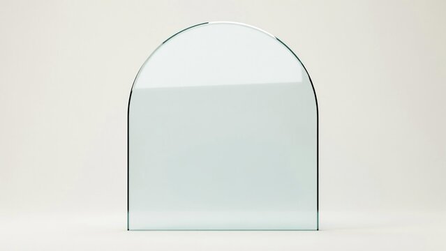 Realistic shiny glossy glass plate in an arch shape standing on a soft grey studio surface