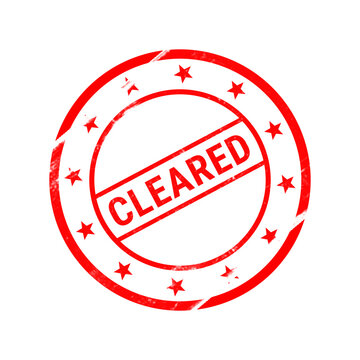 Red cleared rubber stamp on white background, grunge circular ink stamp with stars, approved clearance and verification mark
