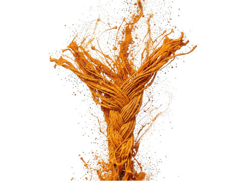 Dynamic orange paint splash braid with textured powder particles isolated on transparent background for bold design