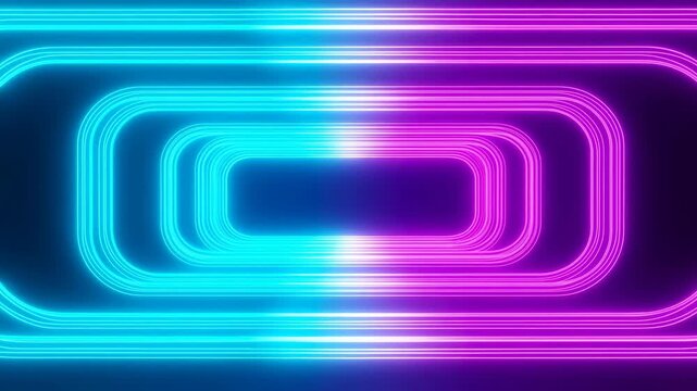 Glowing cyan and magenta rounded rectangular light trails shift through nested loops around a dark central opening, forming symmetrical layered depth over a deep navy background