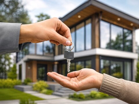 Handing over luxury house key between hands with modern architecture background