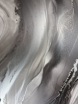 Handmade original alcohol ink abstract macro. Silver metallic fluid texture, swirling patterns, shimmer particles, glossy bubbles. Royalty free artwork, no AI.