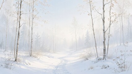 Fototapeta premium Snowy path through birch forest on foggy winter day