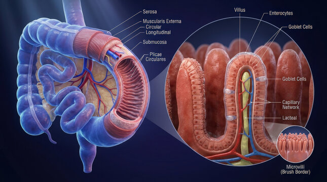 Small intestine cross section showing villi layers and microvilli complex blue tissue structure medical education presentation.