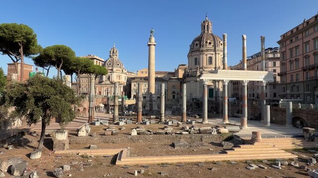 Slow pan shot of Basilica Ulpia ancient ruins in Trajan Forum Rome