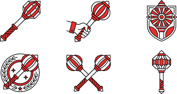 Set of mace icons, medieval weapon symbols, flanged mace, hand holding mace, mace on shield, crossed maces, vector illustration