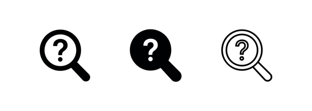 Magnifying glass with question mark icon set for search, inquiry, and help topics.