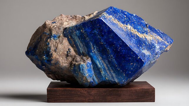Raw Lapis Lazuli gemstone a vibrant blue mineral with golden pyrite inclusions displayed on a wooden stand for geological study or jewelry making