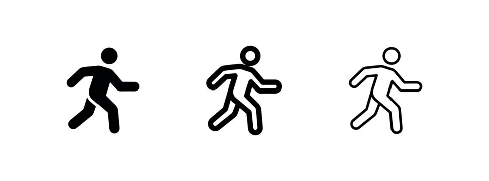 Running person icon set, solid, outline, and line art