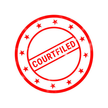 Red court filed rubber stamp, official legal document ink seal, circular judicial stamp with stars isolated on white background