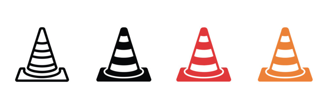traffic safety cone icon set in outline and flat design styles