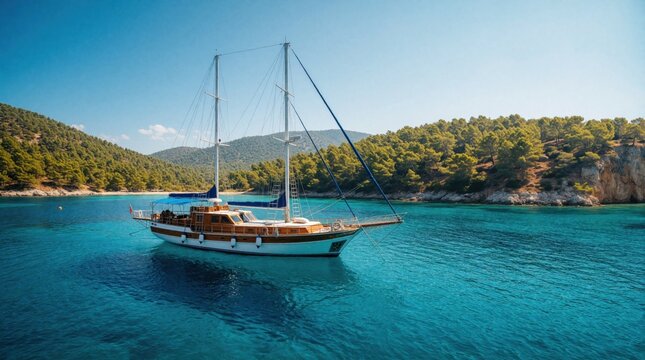 Wooden gulet boat floats on bright turquoise sea water. Green pine forest covers nearby coastland hills. Bright sunny summer day offers peaceful travel escape.