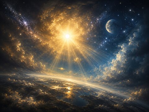 Cosmic creation of world scene with sun moon and stars above planet