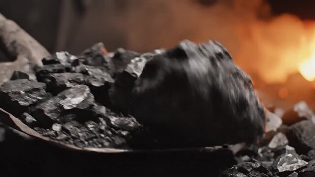 Coal sits on metal shovel before orange furnace flames, and black chunks gleam with heat. Metal shovel moves coal close to industrial fire, with embers and rough texture visible across coal.