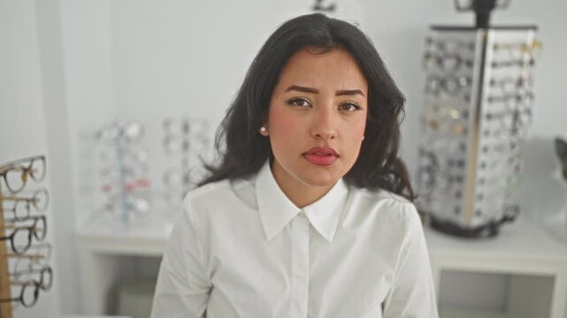 Woman squints eyes while testing eyeglasses and lenses amid display racks in optical studio; quiet contemplation.