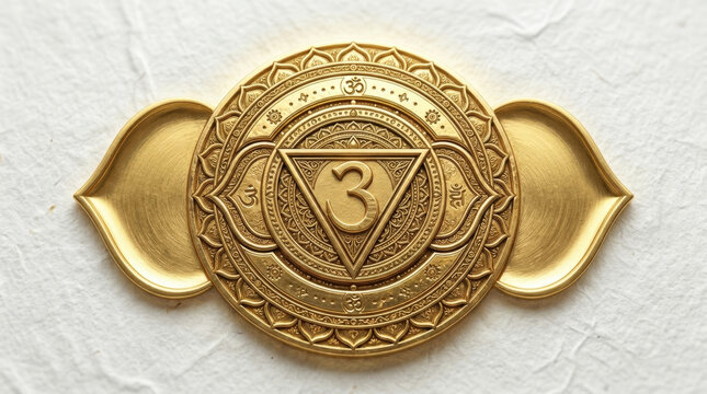Traditional ajna chakra symbol in gold metal finish mounted on white textured paper serves as conceptual aid for yoga meditation.