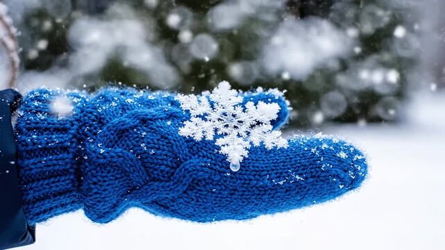 Blue winter mitten holds out in falling snow, gathering fresh flakes on ribbed knit with peaceful feel. Knitted glove stays extended near blurred trees and snowy ground as snow continues to settle.