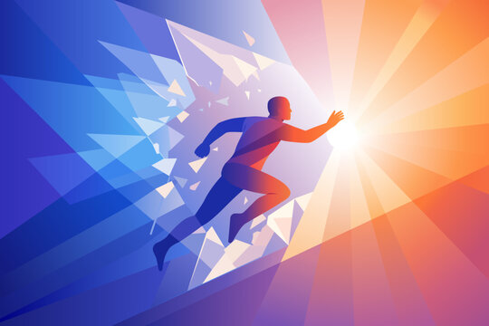 Inner potential concept. Human figure breaking through barrier. Forward motion. Geometric light illustration