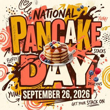 Graphic illustration for national pancake day featuring artistic typography vibrant splashes and berries for creative advertisement campaigns or social media posts.