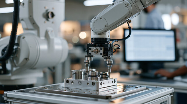 Close-up of industrial robotic arm end effectors loading precision-machined components onto a CMM measurement fixture while a coordinate measuring report populates on a quality