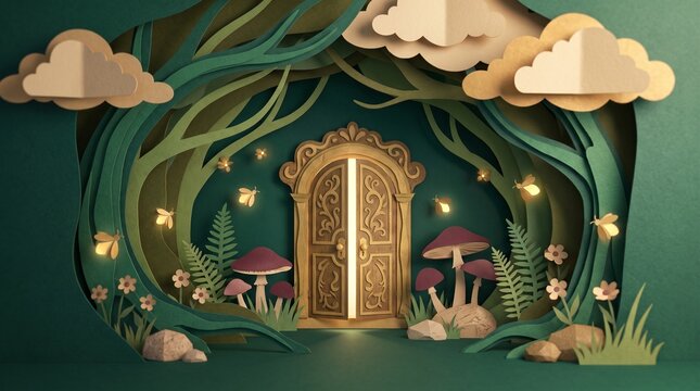 Ornate golden magic door standing within enchanted forest scene crafted from layered paper with soft glowing light and whimsical flying fireflies in a dark green hue.