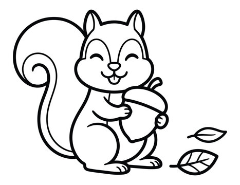Cute cartoon squirrel holding an acorn for children coloring book page design with simple black outlines