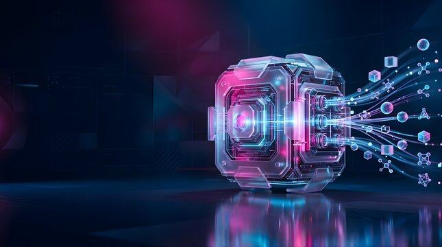 Glowing metallic data vault cube streaming holographic app icons and data streams from its core