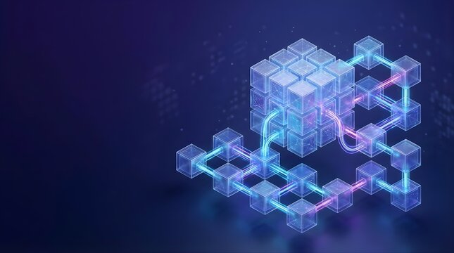 Isometric 3D crystal blockchain structure connected with glowing light pathways on dark blue background