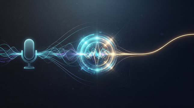A futuristic microphone icon with glowing circular portal and abstract sound wave light trails representing digital audio processing and communication technology