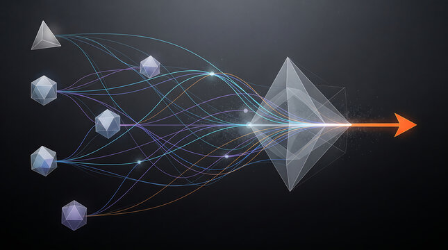 Abstract geometric network with glowing lines and converging arrows representing digital data flow and information technology infrastructure