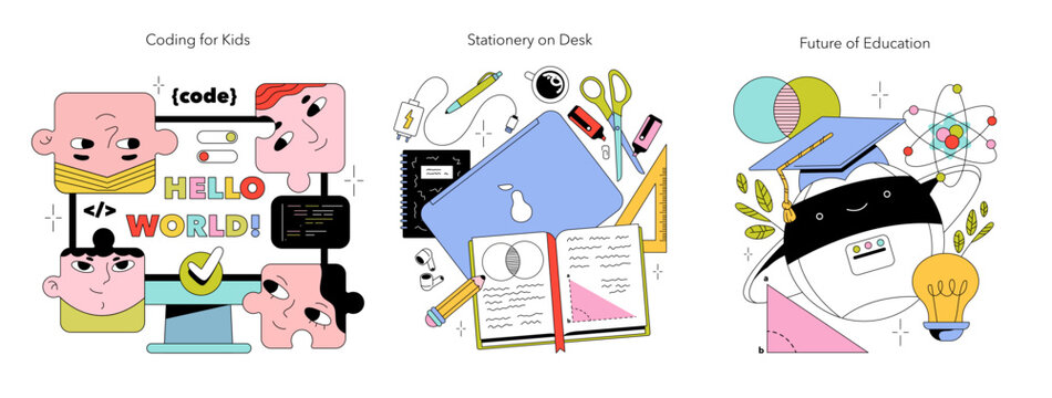 Education Icons Showing Coding Study and Future Learning