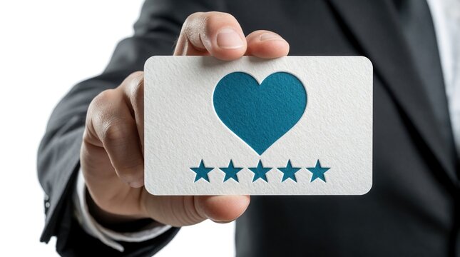 Man holds card with heart and five stars. Business person shows positive client feedback, excellent service rating, and customer appreciation symbol. Good opinion.