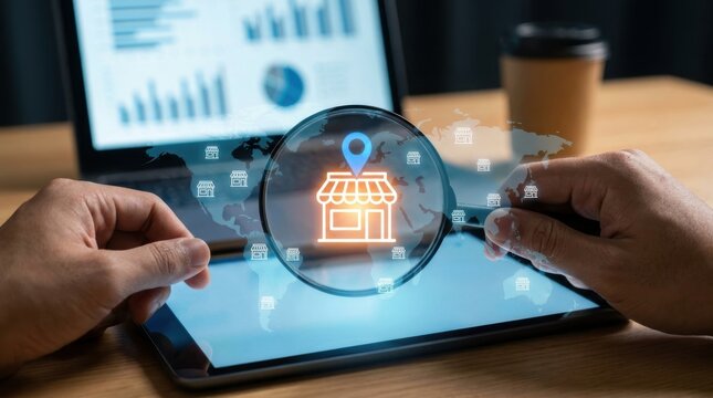 Business professional using a magnifying glass to examine global retail store locations on a digital tablet