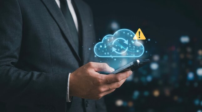 Businessman holding a smartphone displaying a cloud synchronization error icon