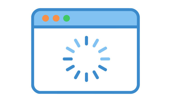 Minimalist computer browser window icon with a circular loading progress symbol in a simple flat style isolated on white background
