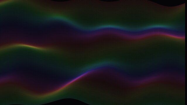 Abstract dark background, with soft flowing, horizontal waves in, iridescent rainbow colors, creating a smooth, gradient texture for digital