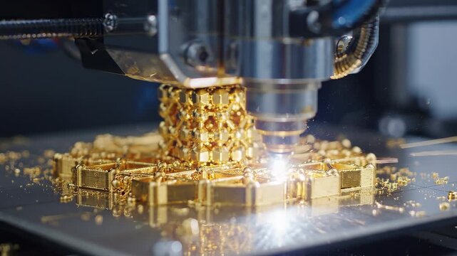 Laser 3D printer fabricating an intricate golden lattice structure with bright sparks in a laboratory.