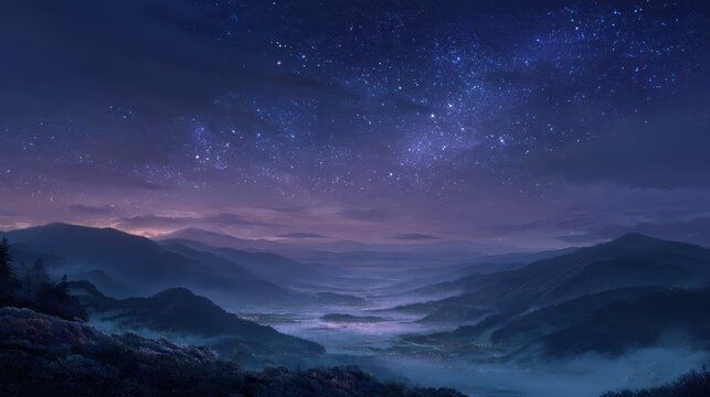 A brilliant starry sky shines above a tranquil mountain valley where glowing town lights pierce through a gentle mist at twilight