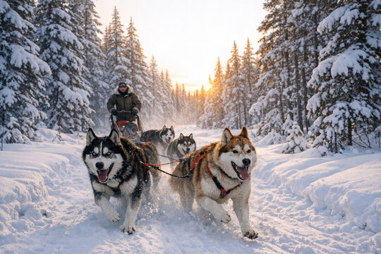 A scenic image of a sled dog team with their musher in a snowy, evergreen forest. The sun is rising on the right, casting a warm glow on the snow.