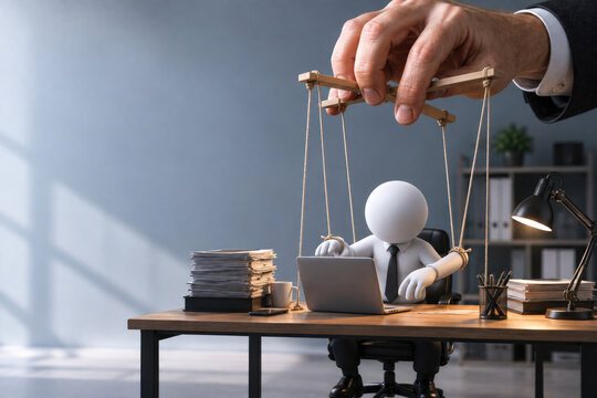 Hand controls an office worker puppet at a desk. Space for text.