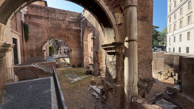 Horizontal pan shot of Portico of Octavia ancient ruins in Rome