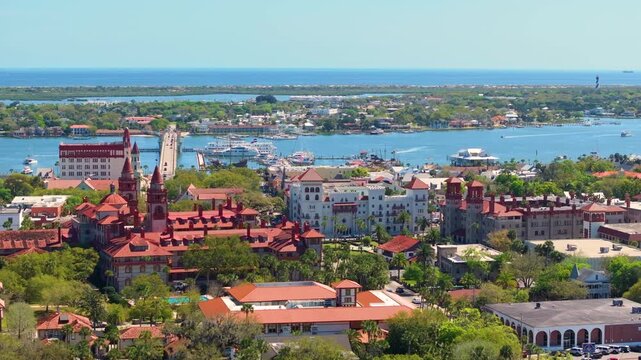 St. Augustine, Florida. Panoramic cityscape with old historical architecture. Popular tourist place for family travel.