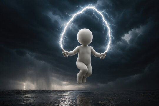 White figure jumps rope formed by lightning beneath storm clouds.